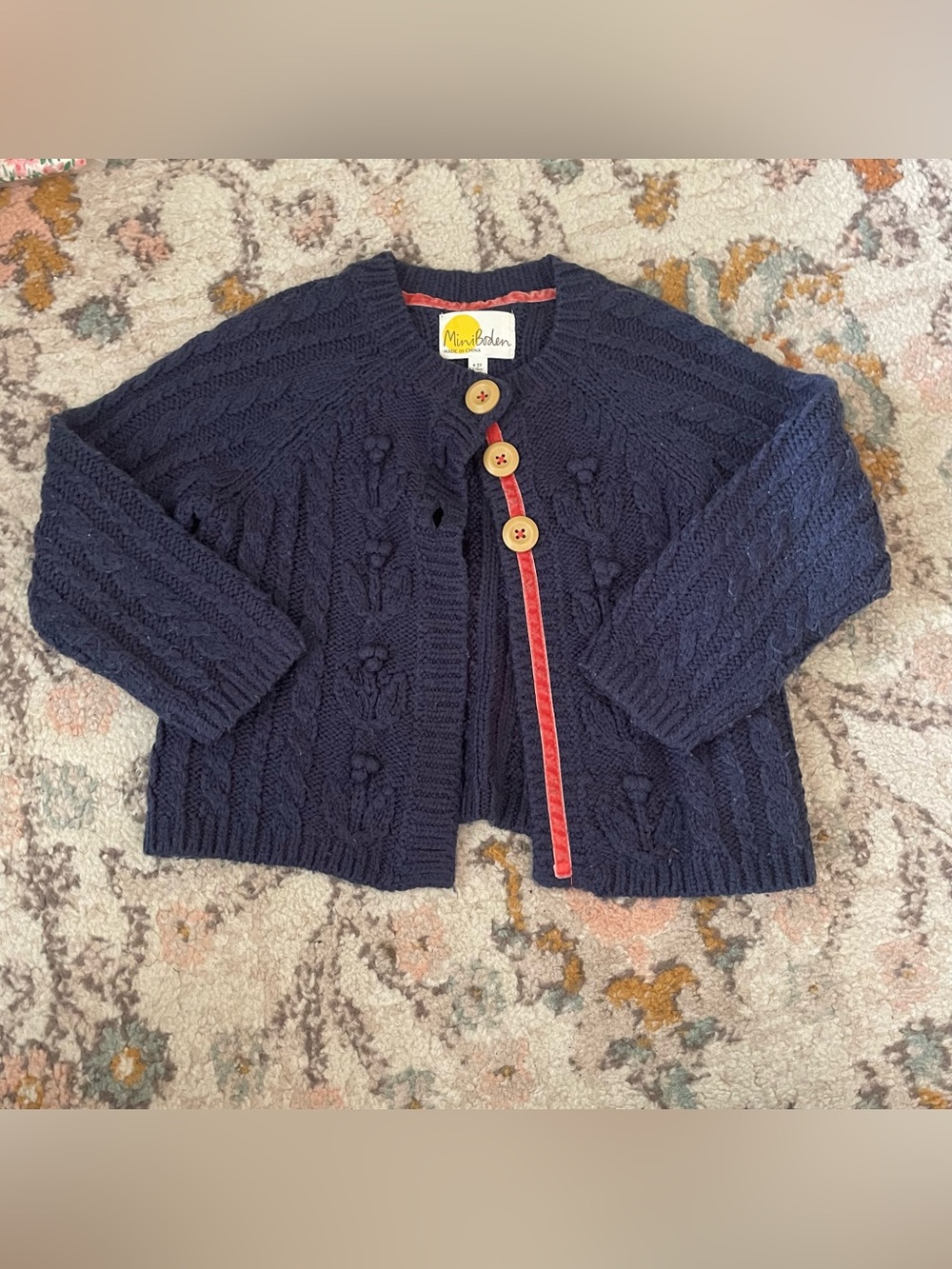 Mini Boden Navy Cable-Knit Cardigan with Red Trim